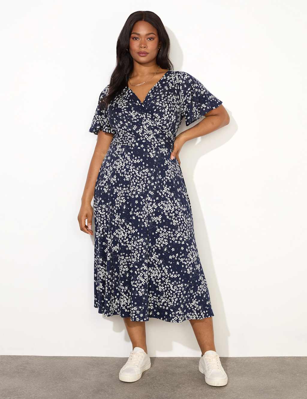Jersey Ditsy Floral V-Neck Midi Wrap Dress