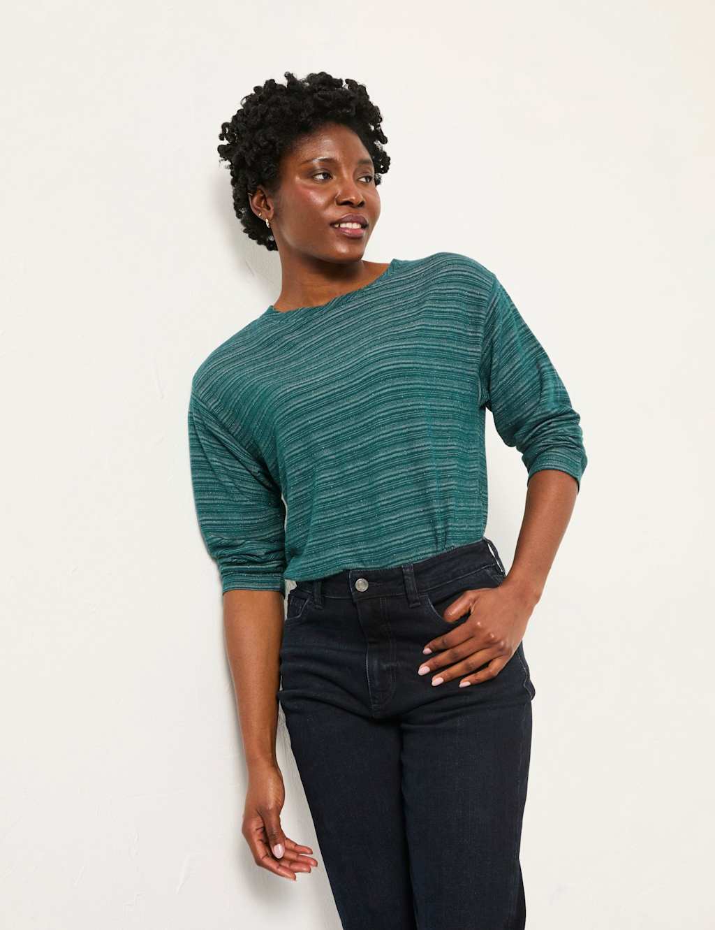 FatFace Metallic Striped V-Neck Top Teal Mix