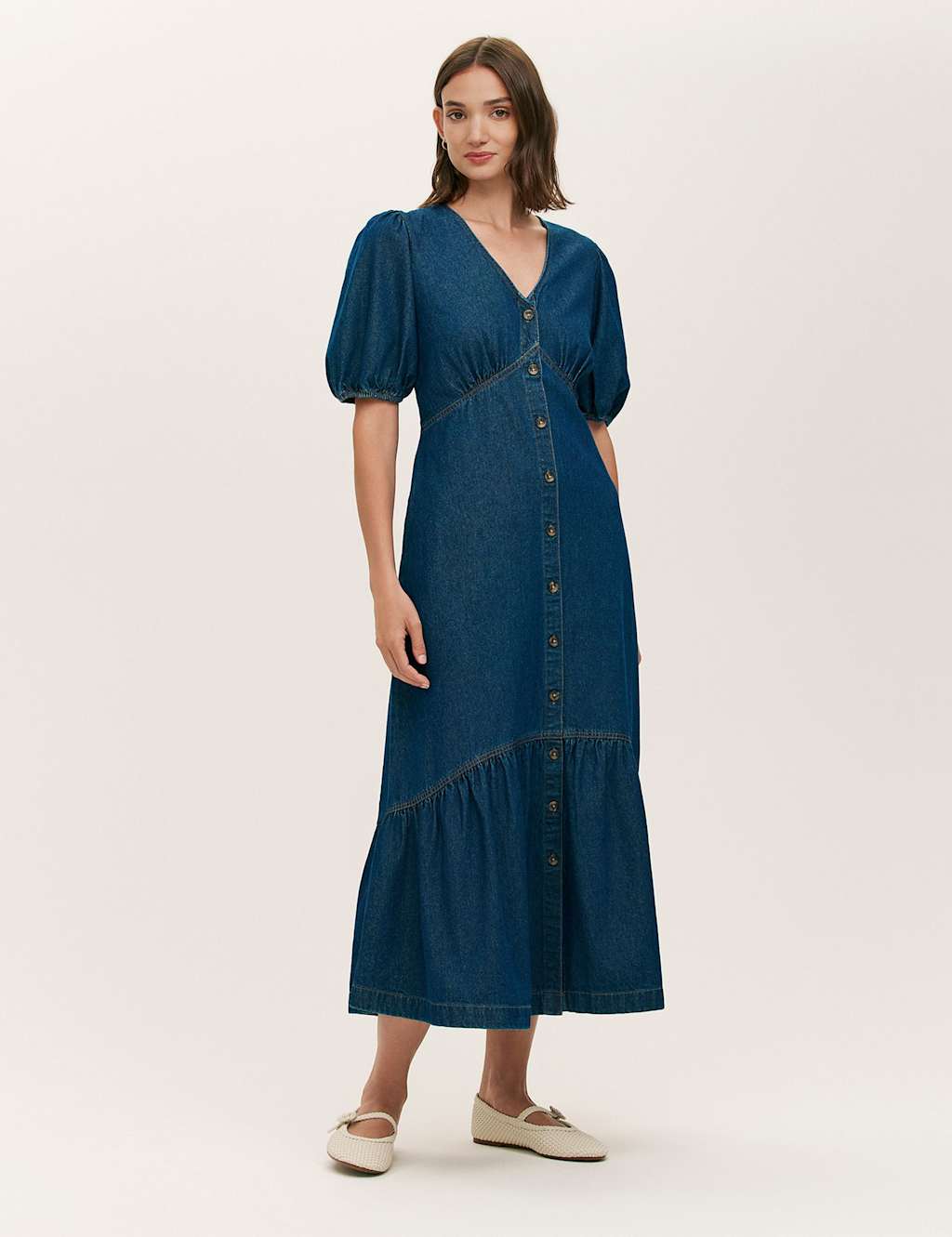 Finery London Denim Button Through Midi Tiered Dress Blue