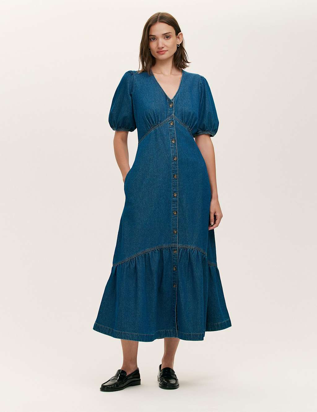 Finery London Denim Button Through Midi Tiered Dress Mid Blue
