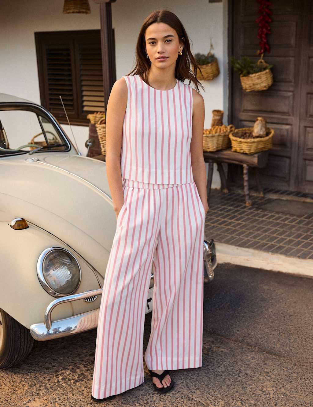 Ro&Zo Women's Cotton Blend Striped Wide Leg Trousers - 18 - Light Pink Mix - Available at M&S