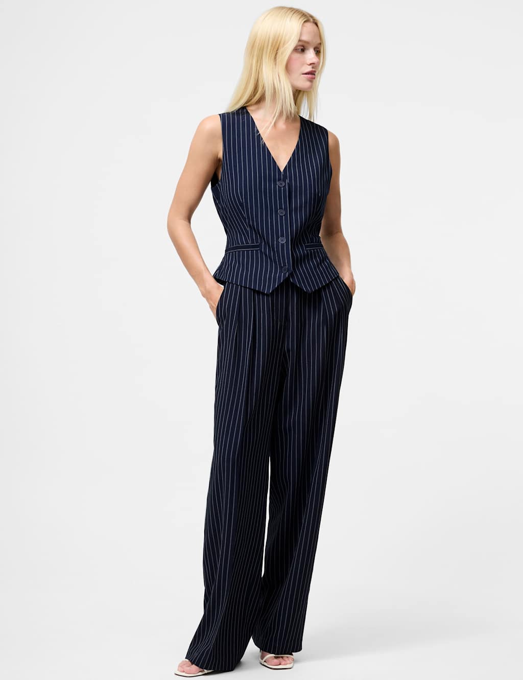 French Connection Pinstripe Tailored Single Breasted Waistcoat Navy Mix