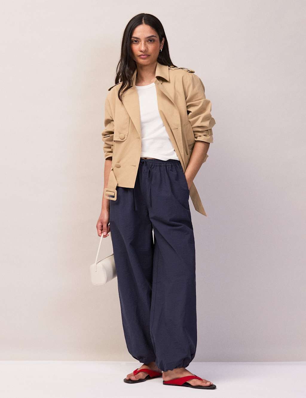 Ro&Zo Women's Cotton Rich Drawstring Parachute Trousers - 6 - Navy - Available at M&S