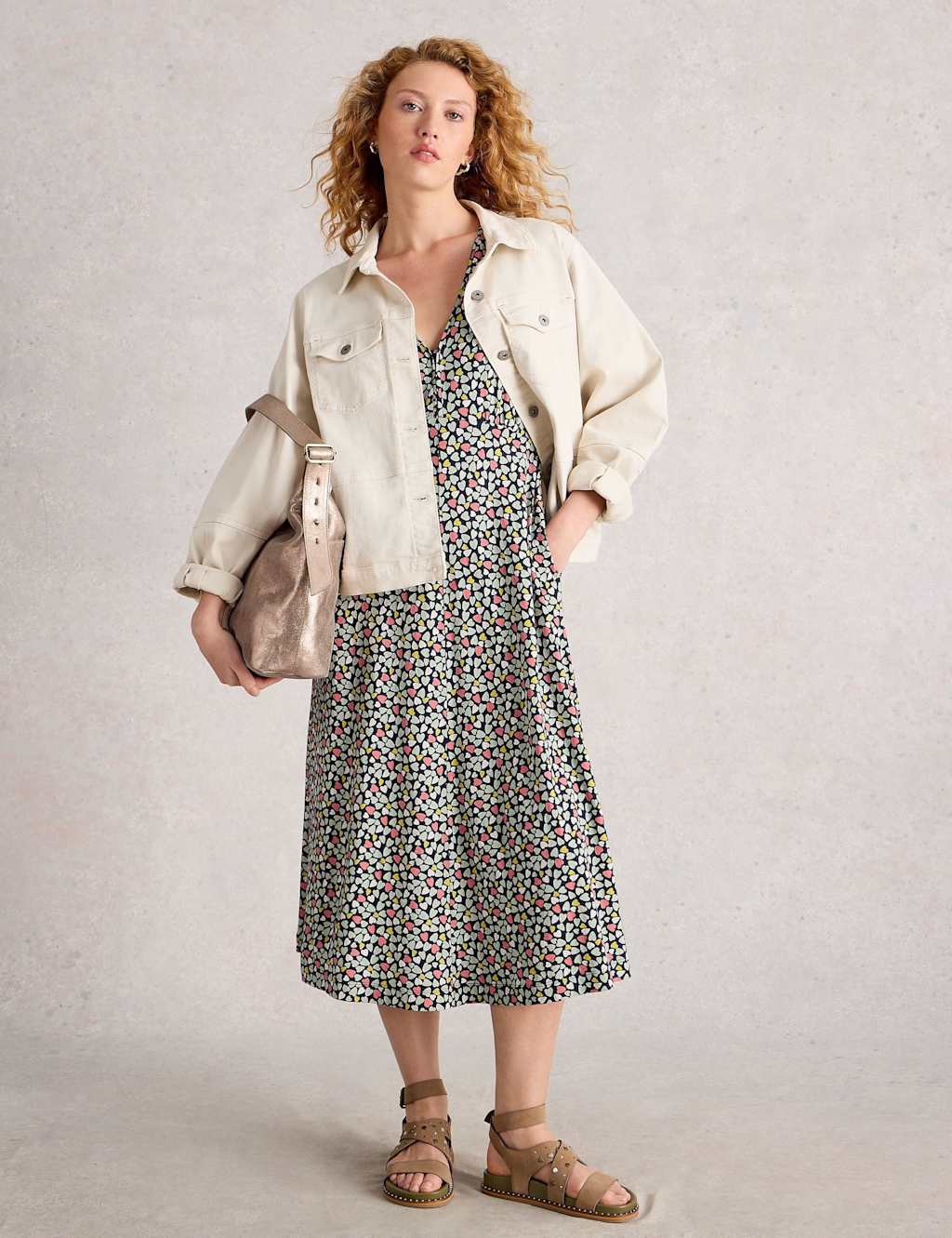 White Stuff Jersey Heart Print V-Neck Midi Tea Dress Navy Mix