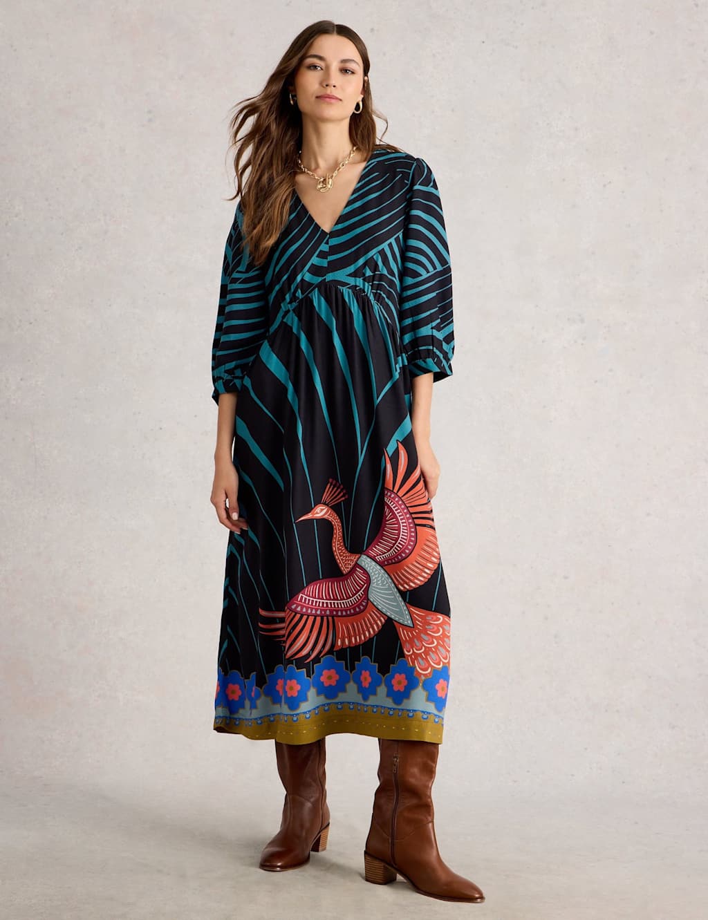 White Stuff Printed V-Neck Midi Waisted Dress Black Mix