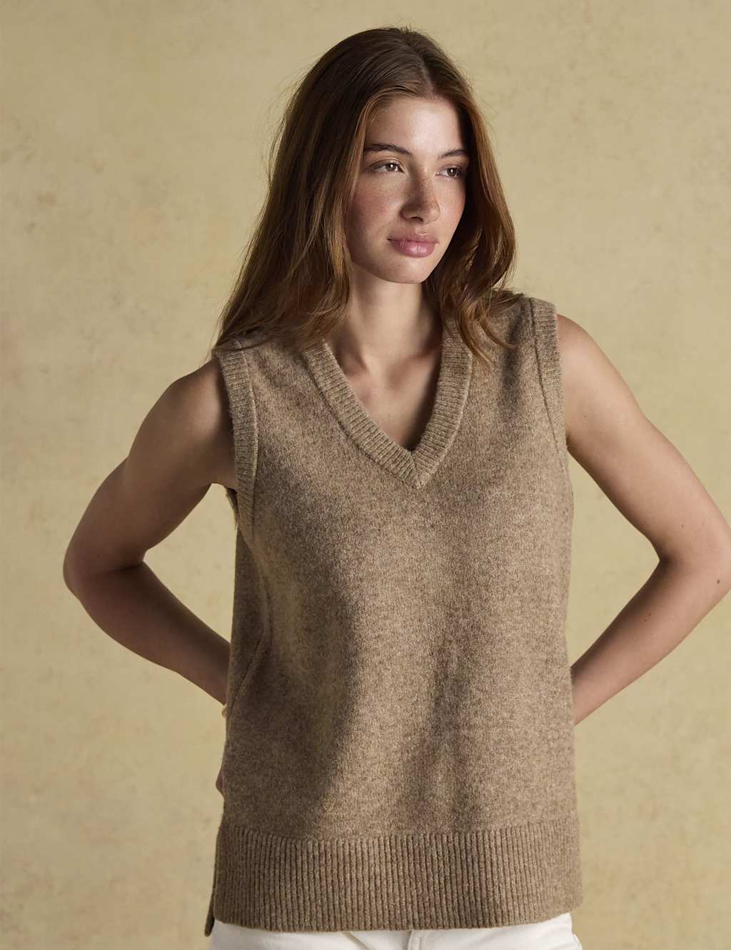 Joules V-Neck Knitted Vest Tan