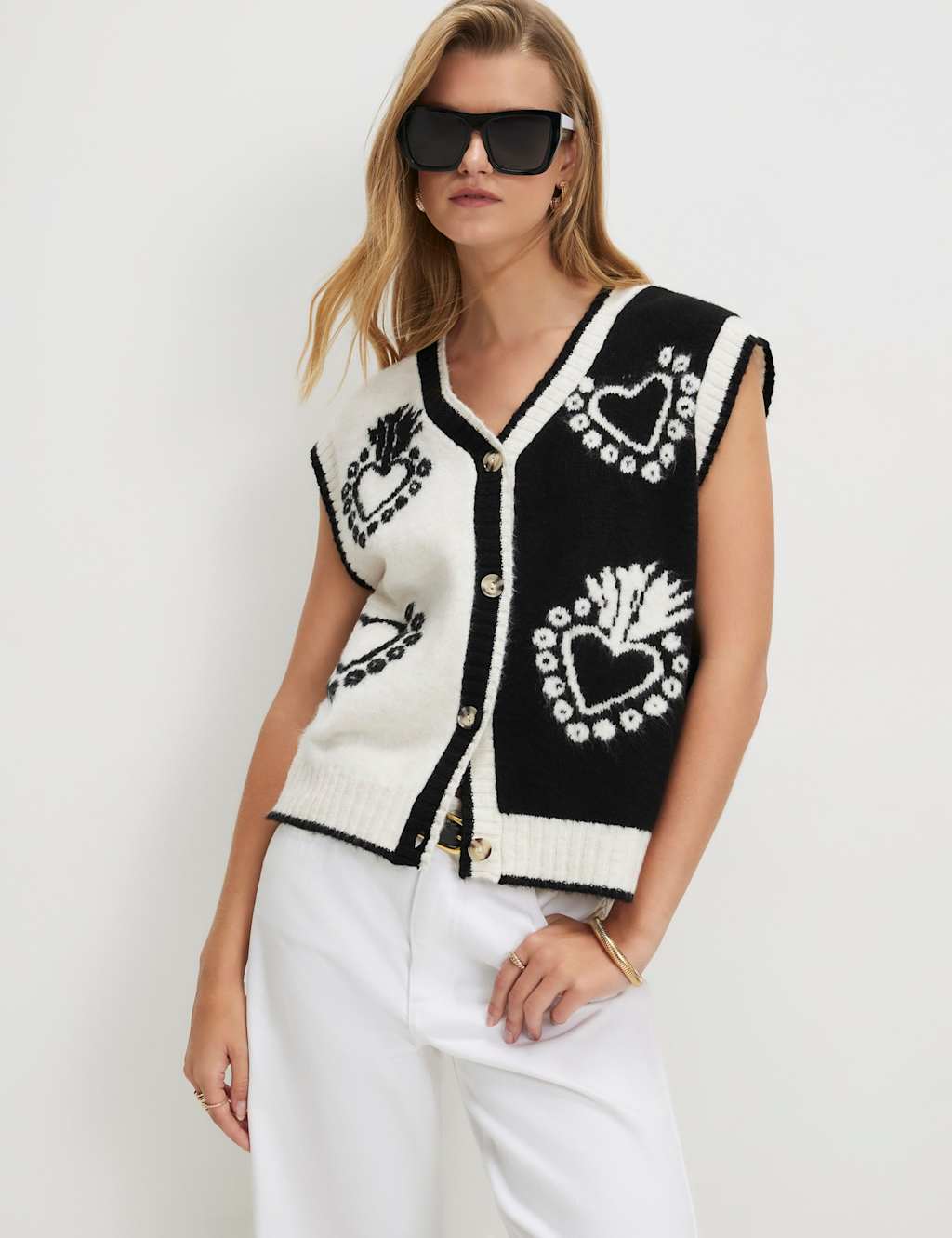 River Island Women's Monochrome Heart V-Neck Waistcoat - Medium - Black Mix - Available at M&S