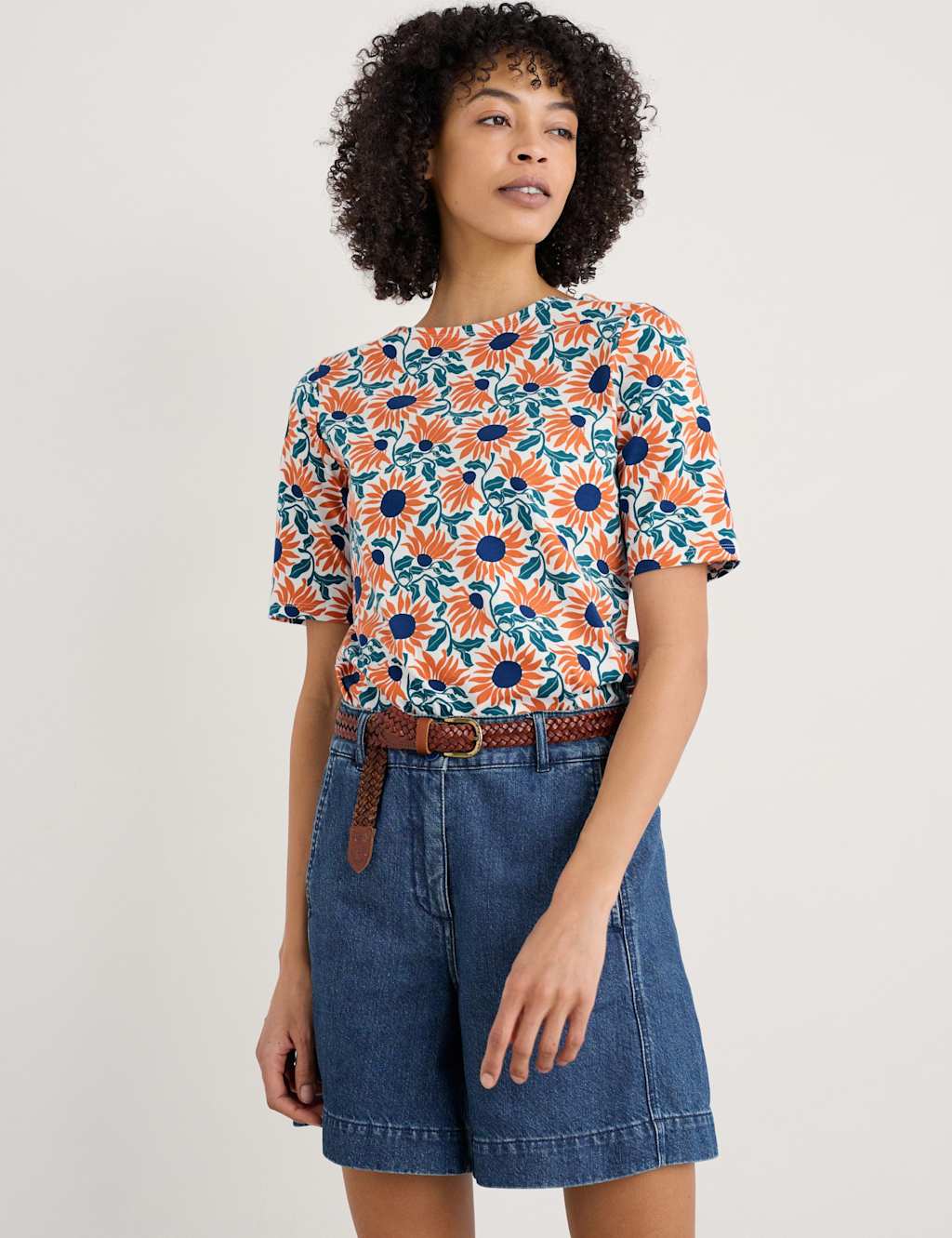 Seasalt Cornwall Pure Cotton Floral Slim T-Shirt Orange Mix