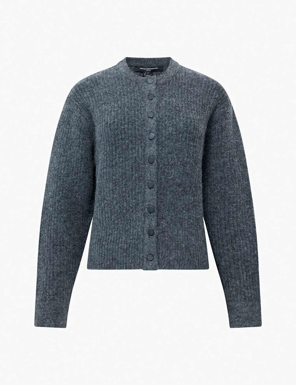 French Connection Ribbed Crew Neck Button Front Cardigan Grey