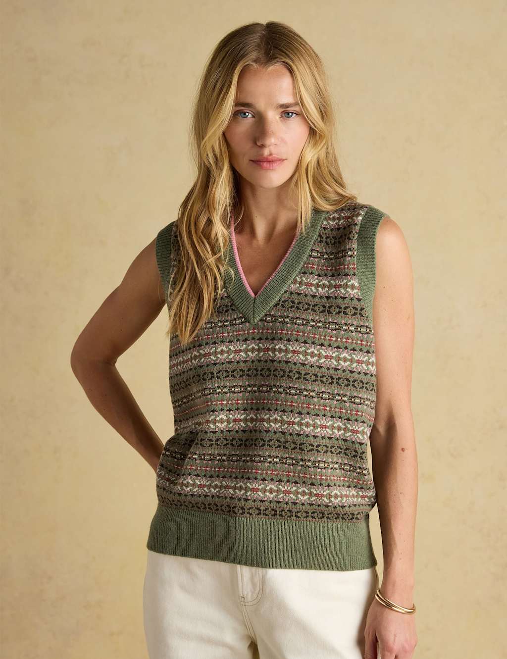 Joules Cotton Rich Fair Isle V-Neck Knitted Vest Green Mix
