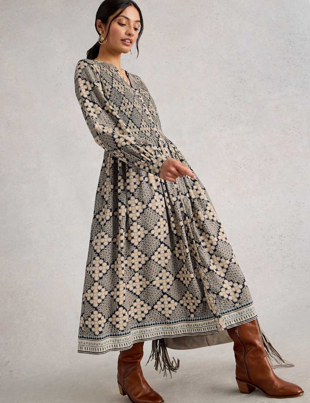 White Stuff Printed Midi Shirred Dress Navy Mix