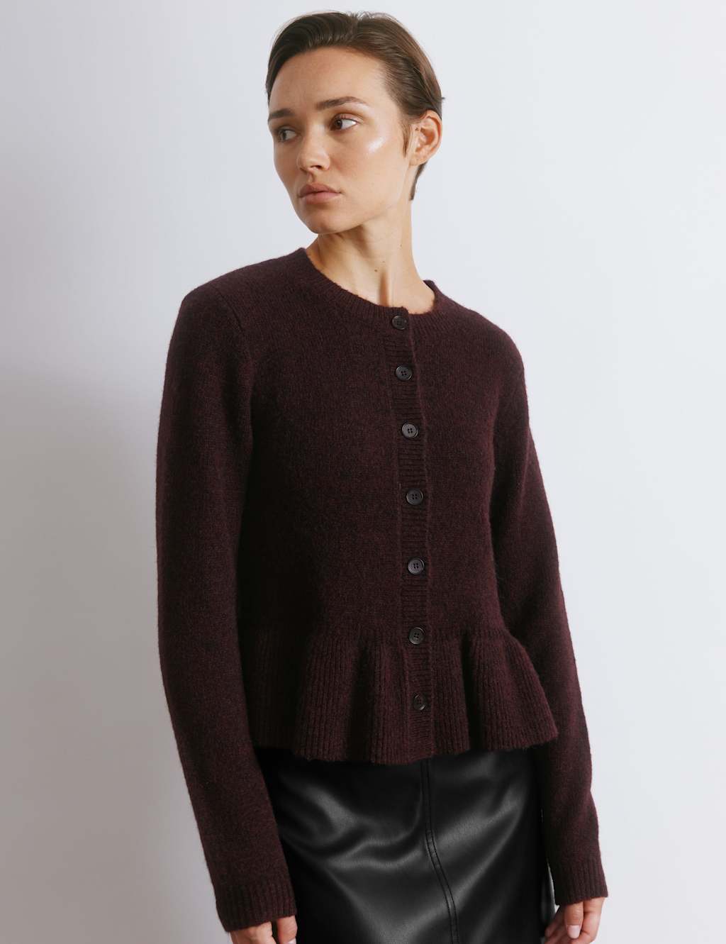 Albaray Crew Neck Peplum Cardigan with Mohair Burgundy