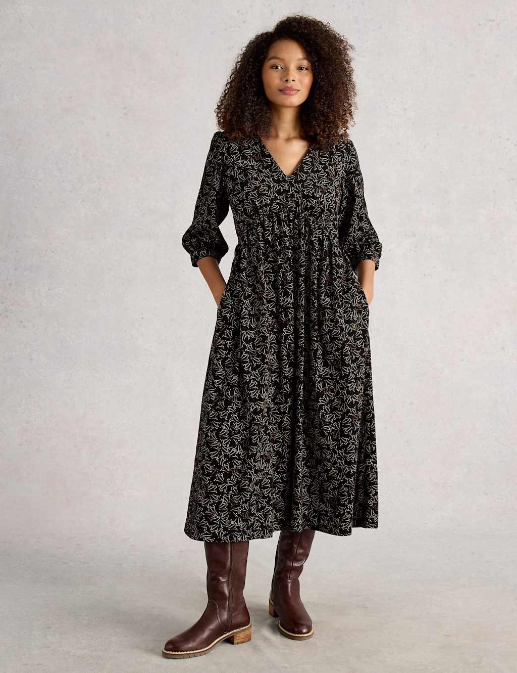 White Stuff Pure Cotton Cord V-Neck Midi Tea Dress Black Mix
