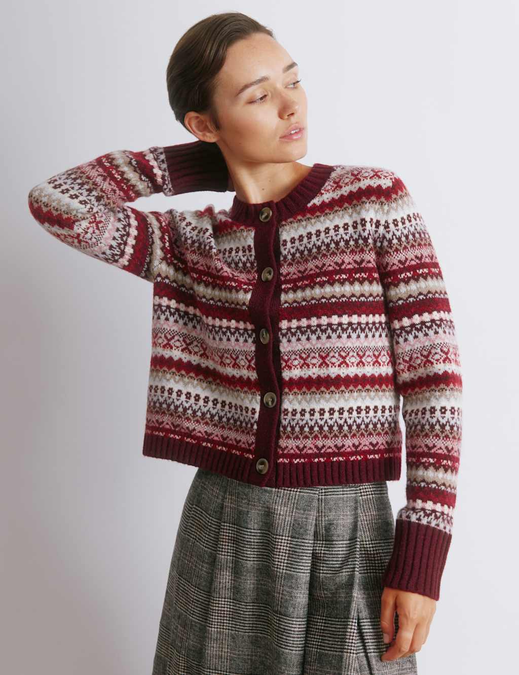 Albaray Fair Isle Cropped Cardigan with Wool Burgundy Mix