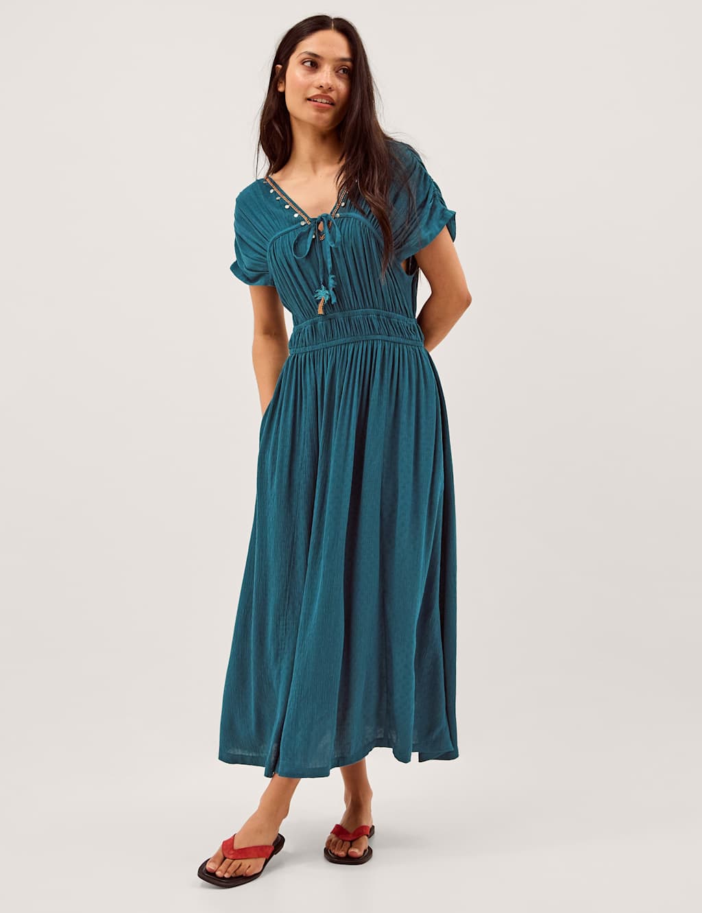 Monsoon Women's Embellished V-Neck Midi Smock Dress - Medium - Teal - Available at M&S