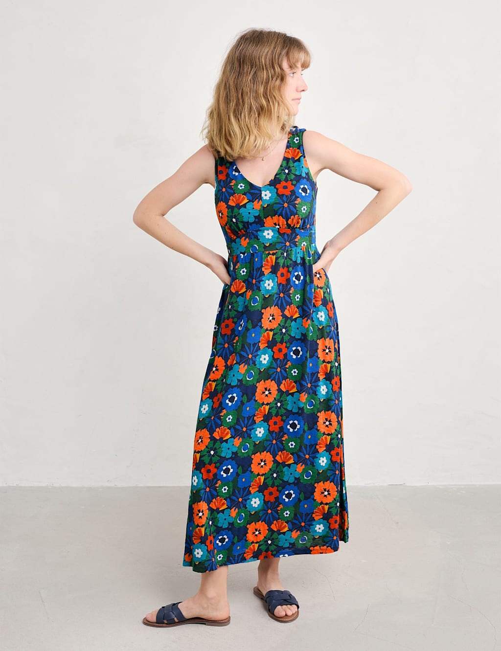 Seasalt Cornwall Pure Cotton Floral V-Neck Midaxi Waisted Dress Multi
