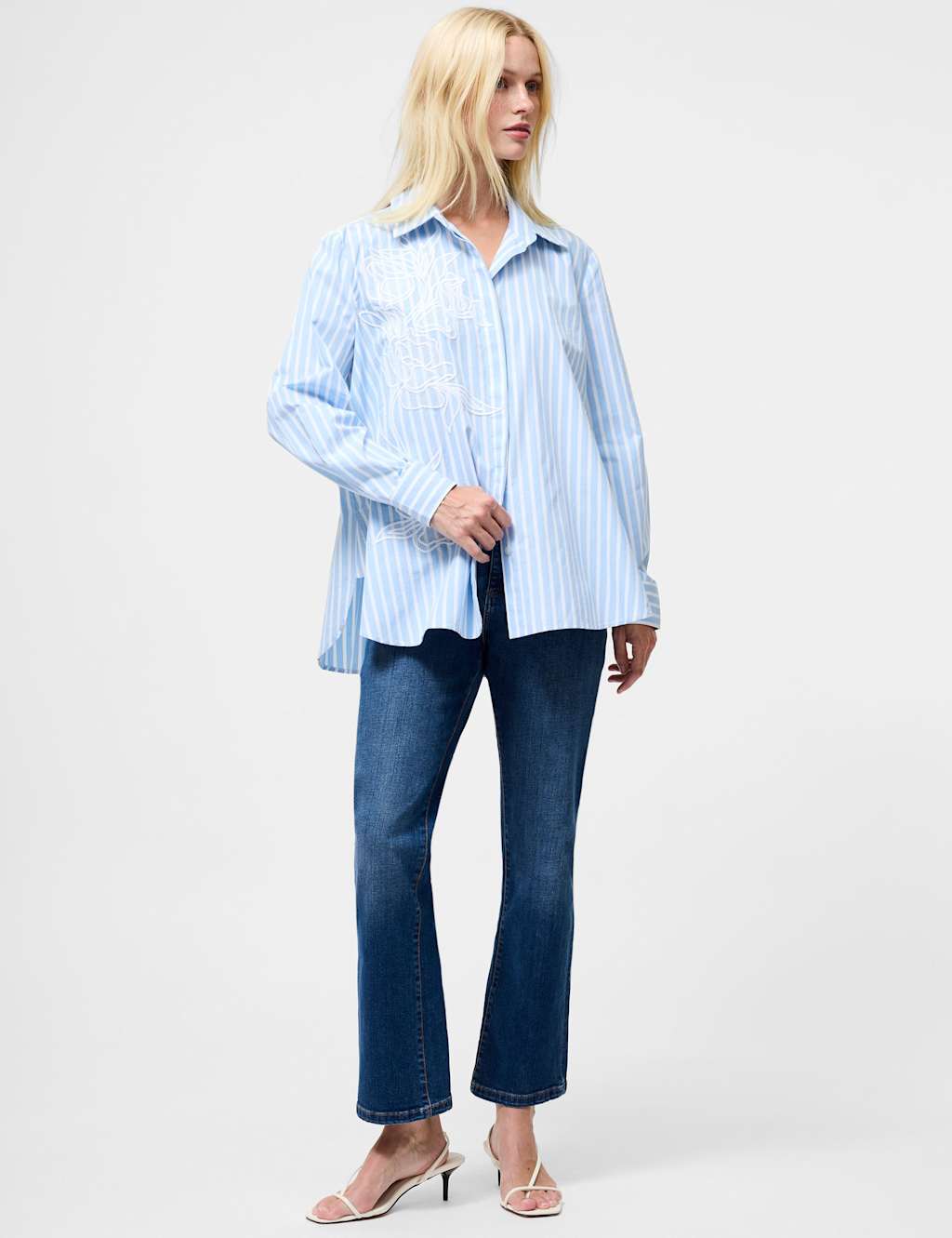 French Connection Pure Cotton Floral Embroidered Shirt Blue Mix