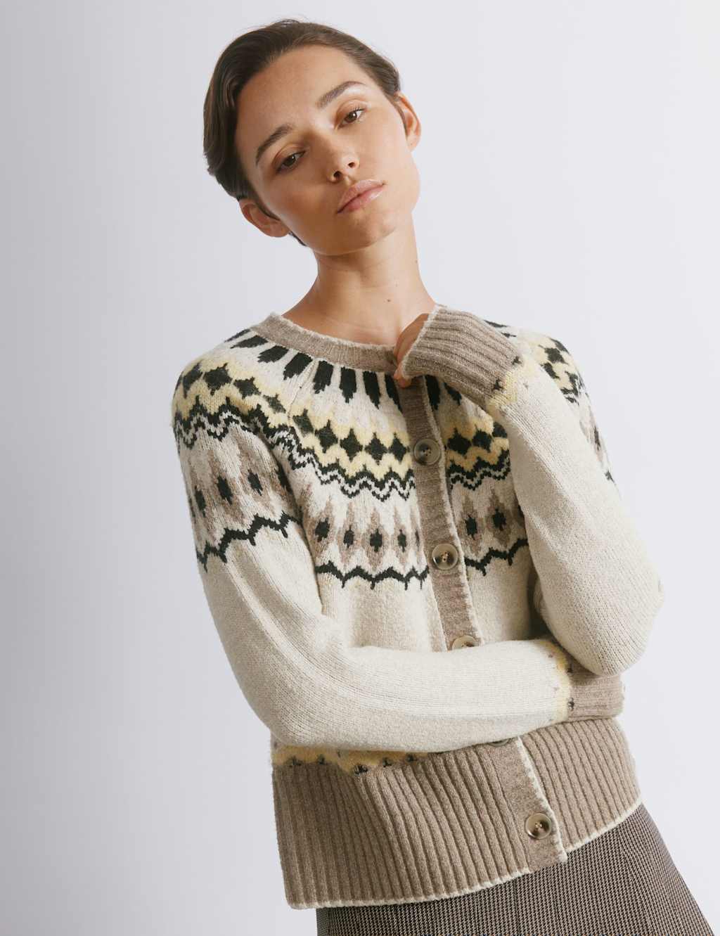 Albaray Fair Isle Yoke Cardigan with Wool Cream Mix