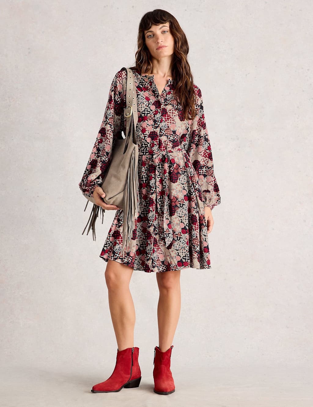 White Stuff Floral Round Neck Knee Length Shirt Dress Red Mix