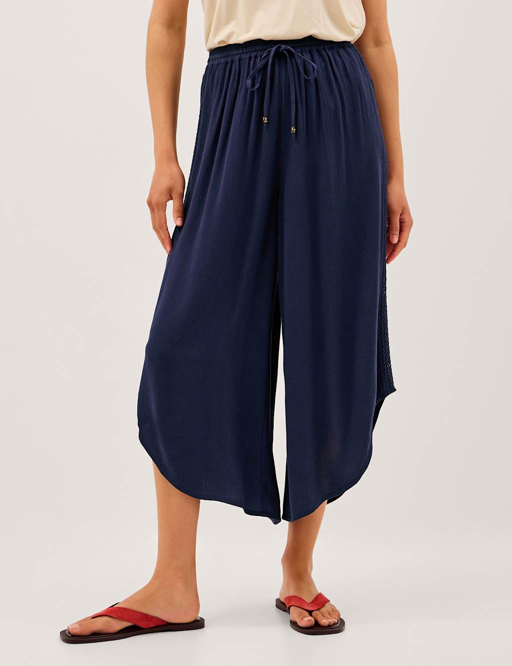 Monsoon Women's Drawstring Wide Leg Cropped Trousers - XX Large - Navy - Available at M&S