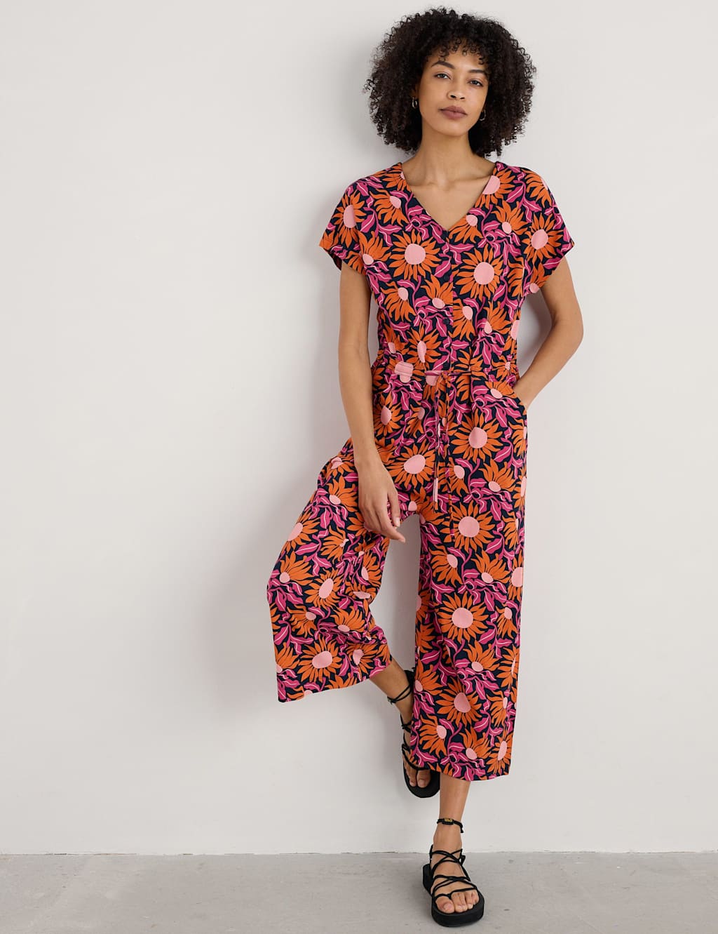 Seasalt Cornwall Cotton Rich Floral Cropped Wide Leg Jumpsuit Pink Mix