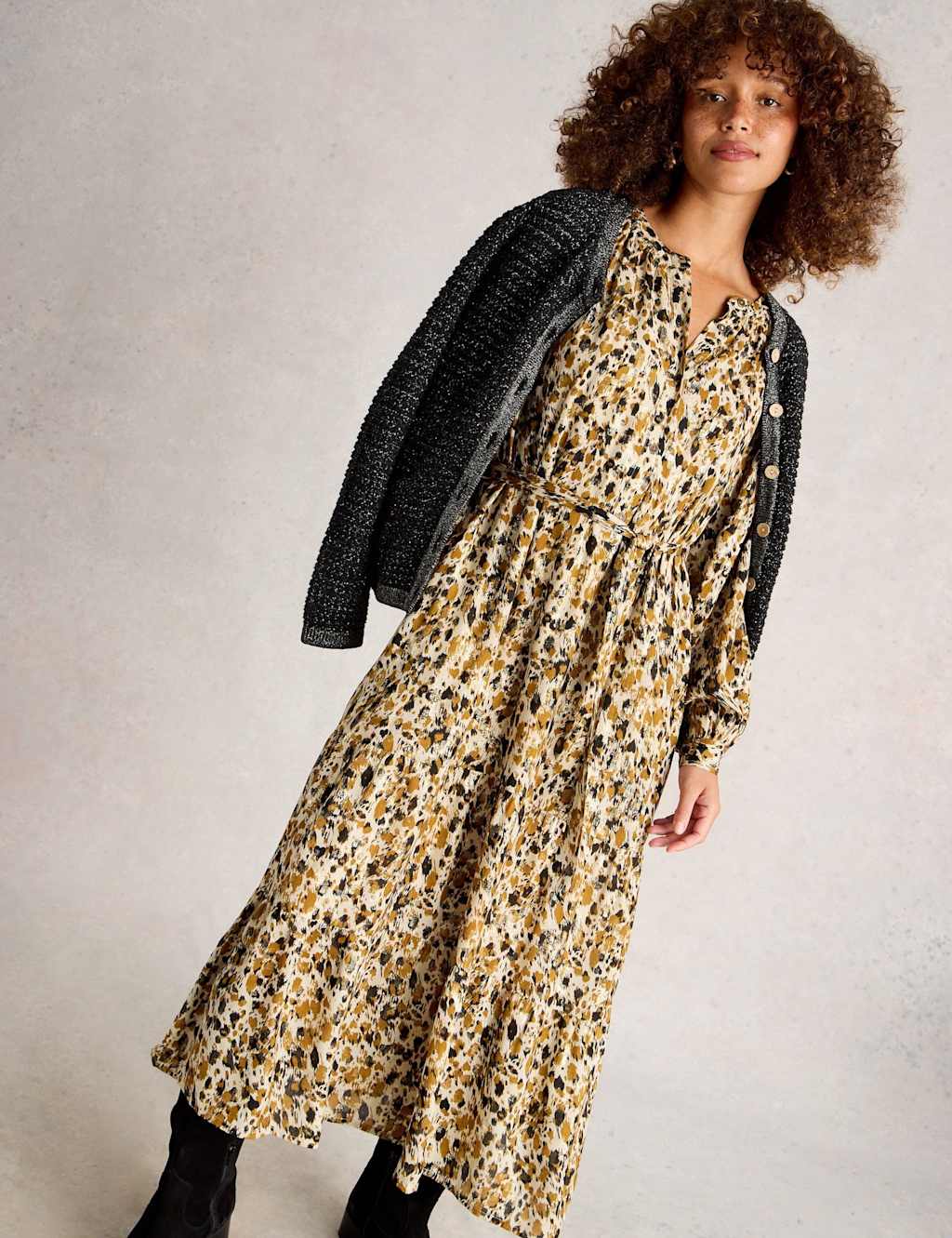 White Stuff Metallic V-Neck Midaxi Waisted Dress Yellow Mix