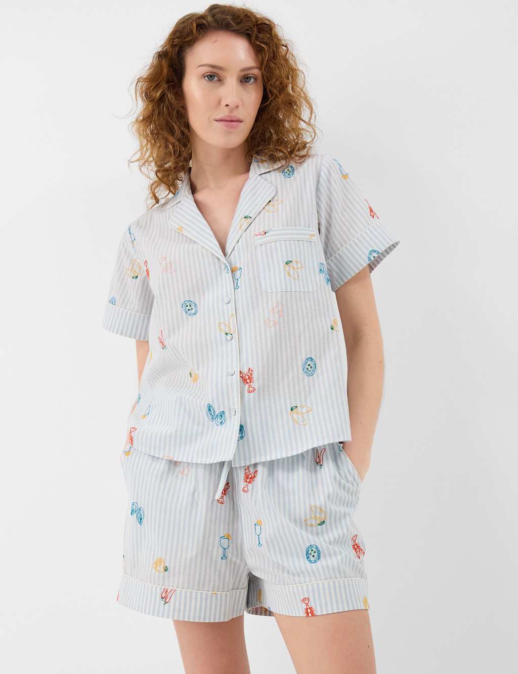 Accessorize Women's Pure Cotton Embroidered Stripe Short Pyjama Set - Medium - Blue Mix - Available at M&S