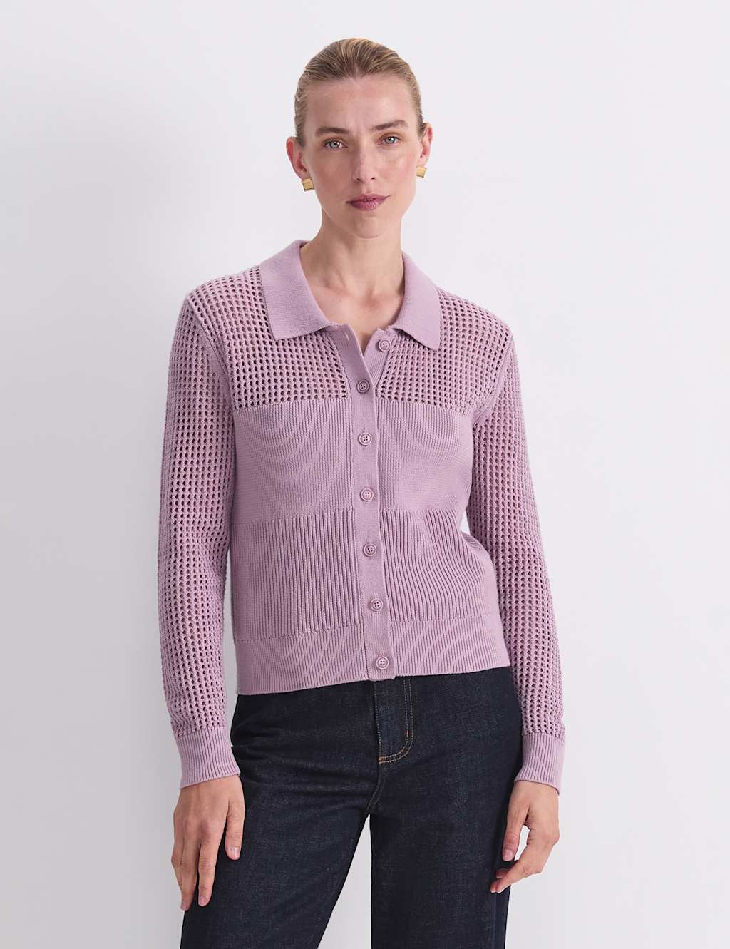 Sportscraft Women's Pure Cotton Textured Pointelle Cardigan - Medium - Mauve - Available at M&S