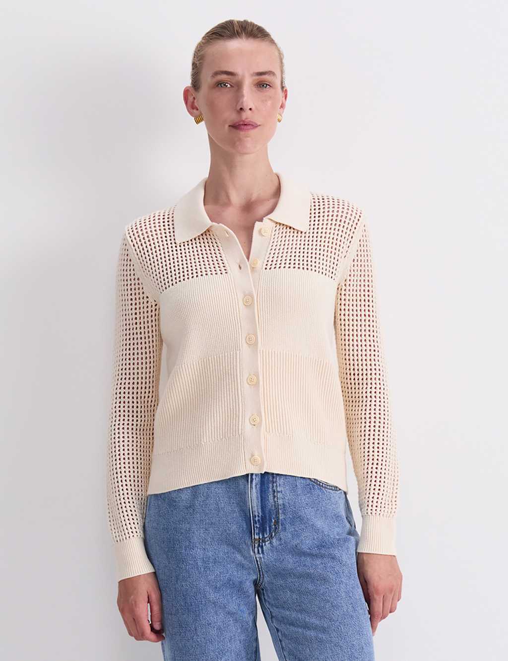 Sportscraft Women's Pure Cotton Textured Pointelle Cardigan - Small - Cream - Available at M&S