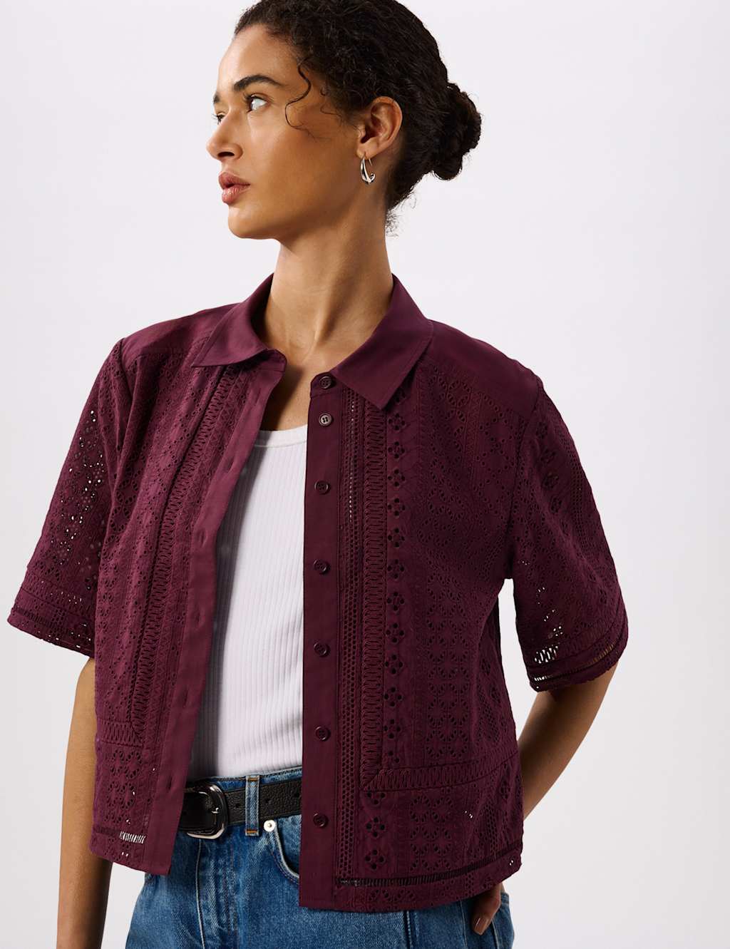 Whistles Women's Pure Cotton Broderie Shirt - 6 - Plum - Available at M&S