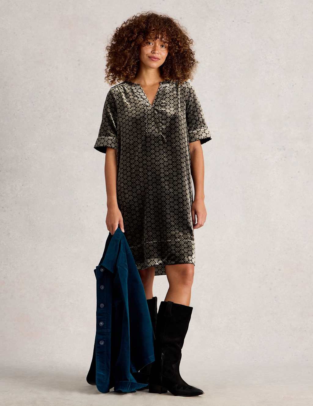 White Stuff Velvet V-Neck Knee Length Shift Dress Natural Mix