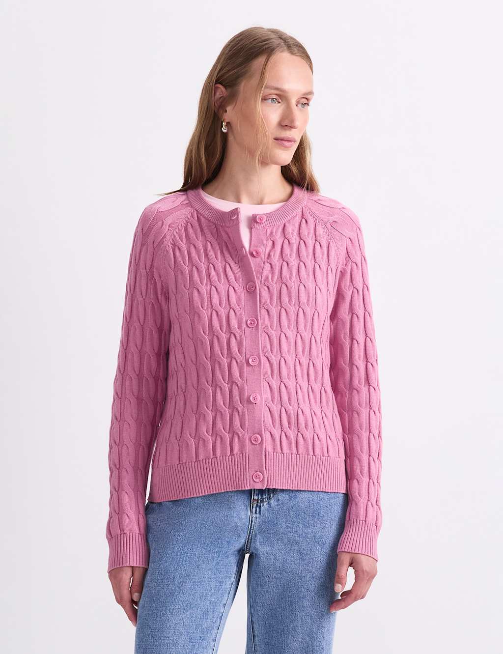 Sportscraft Women's Pure Merino Wool Cable Knit Cardigan - Small - Pink - Available at M&S