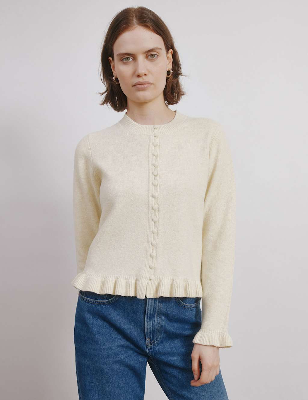 Albaray Frill Button Through Cardigan with Wool Cream