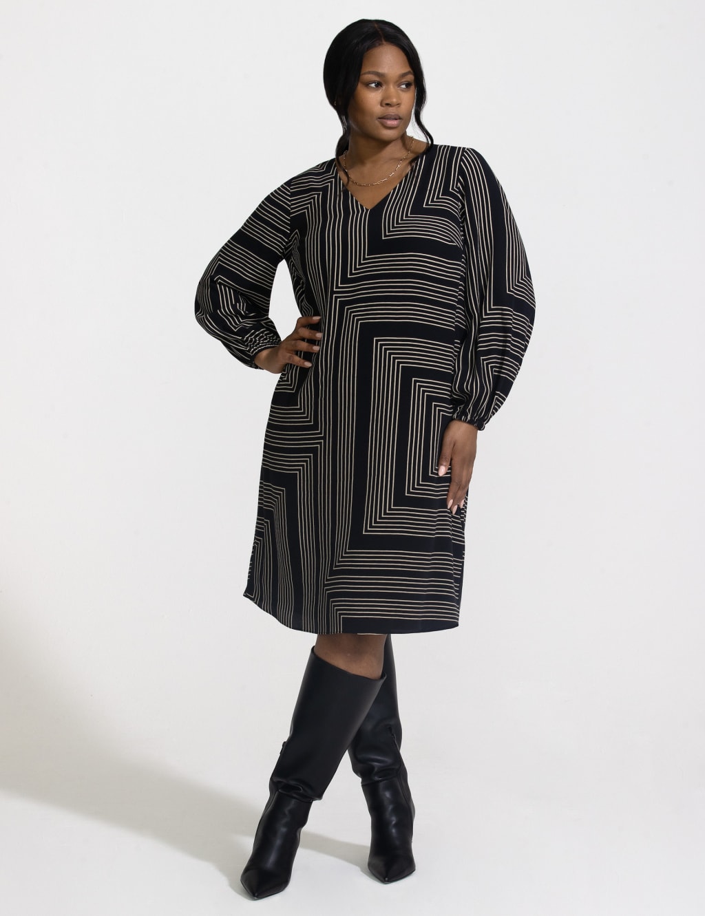 Geometric V-Neck Knee Length Swing Dress