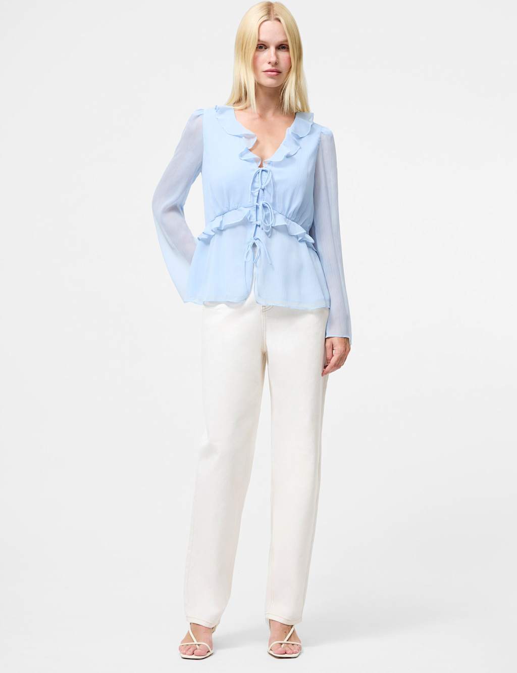 French Connection Pure Cotton Tie Front Frill Detail Blouse Blue