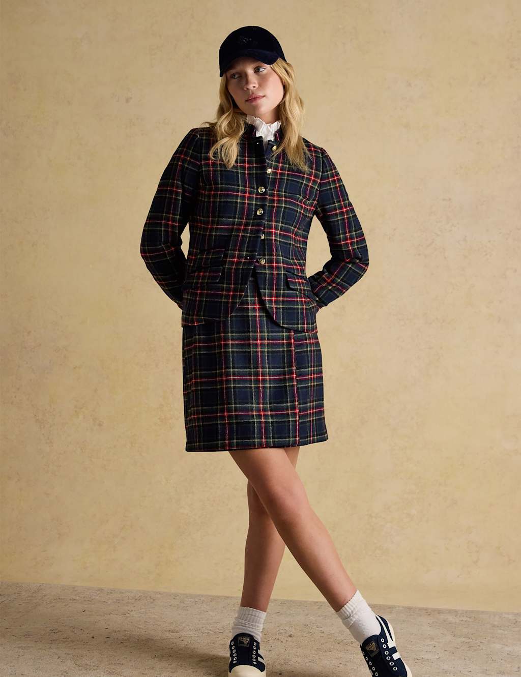 Joules Wool Rich Checked Mini Wrap Pencil Skirt Navy Mix