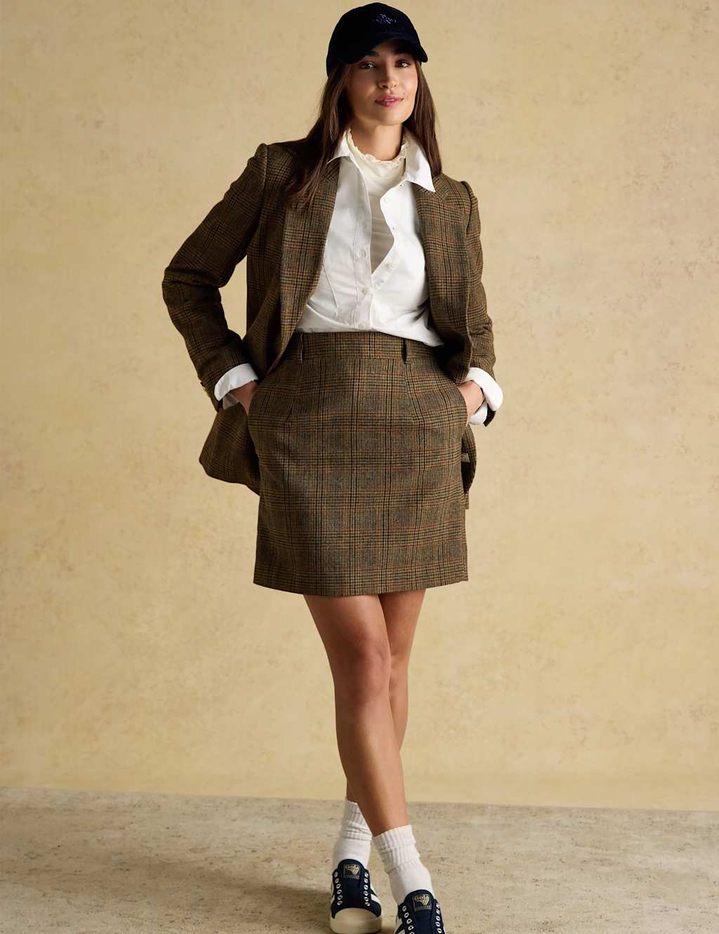 Joules Wool Blend Checked Mini A-Line Skirt Brown Mix