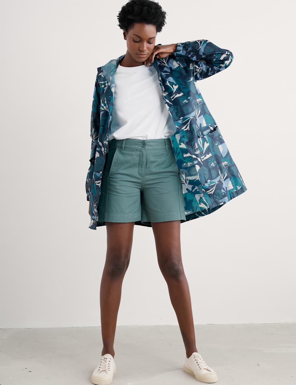 Seasalt Cornwall Women's Geometric Hooded Packaway Rain Jacket - 12-14 - Teal Mix, Green Mix,Teal Mi