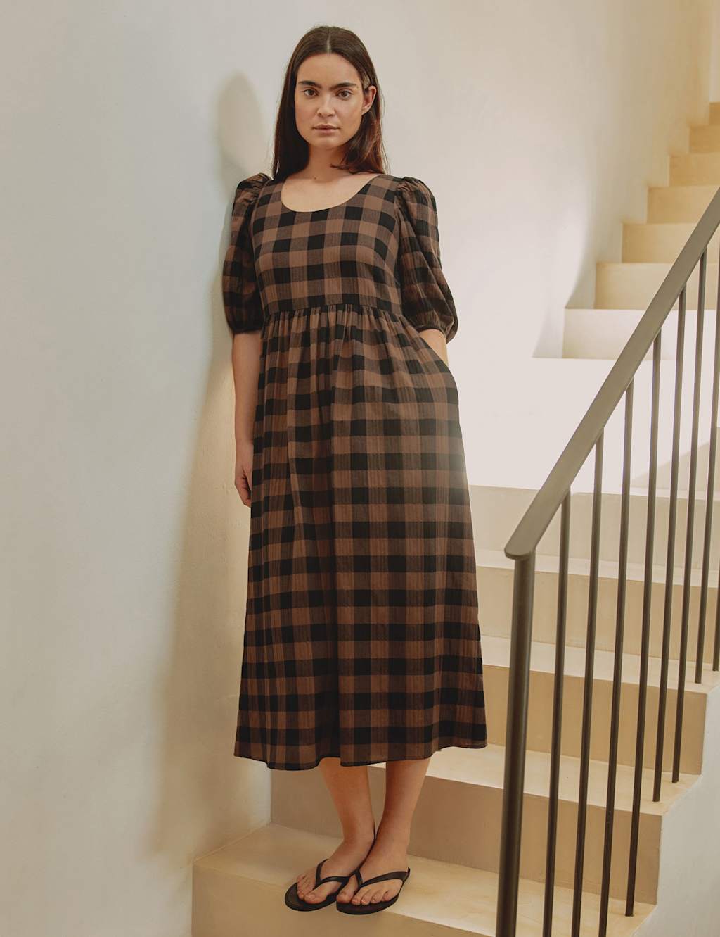 Albaray Women's Cotton Rich Checked Midi Waisted Dress - 14 - Brown Mix - Available at M&S