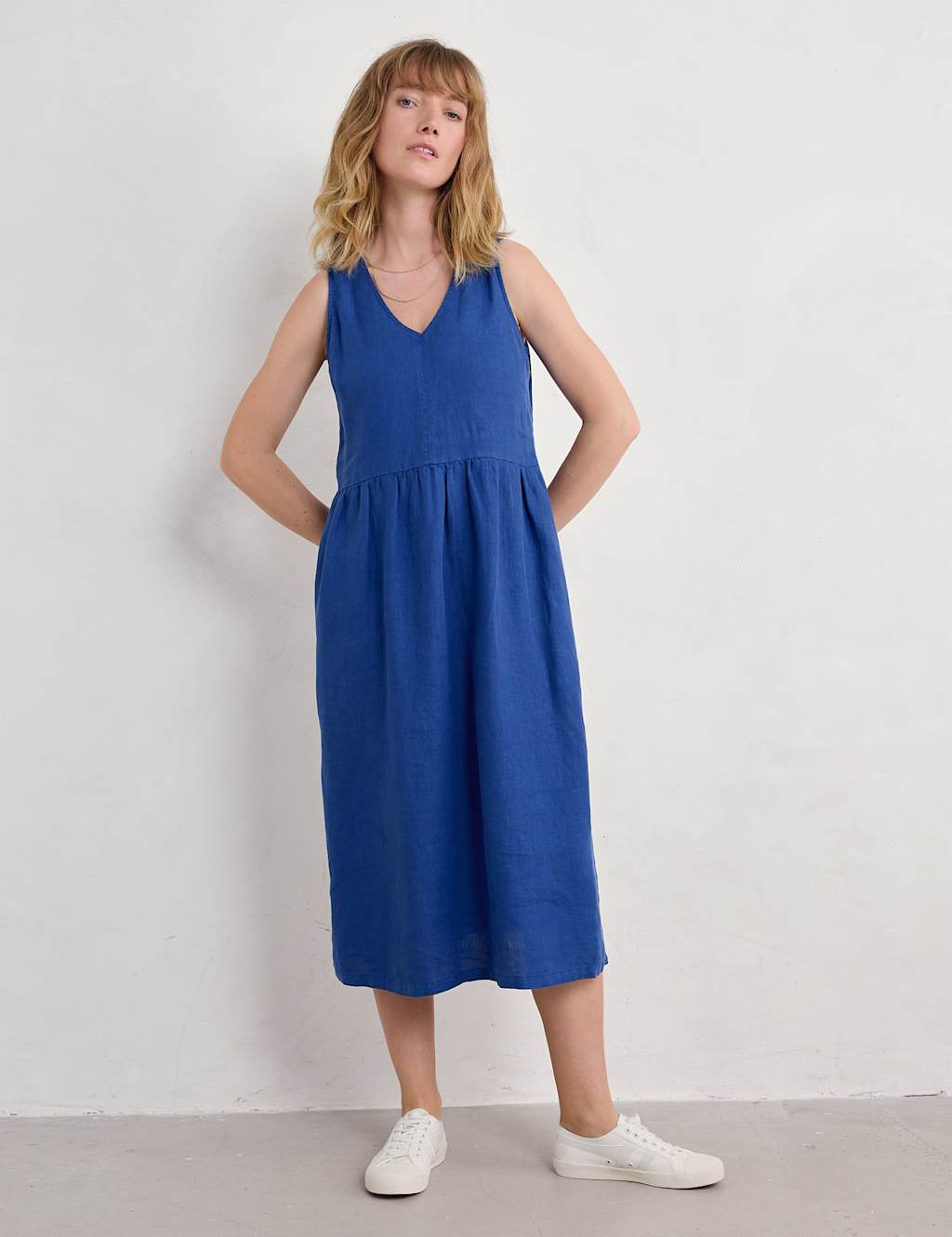 Pure Linen V-Neck Midi Waisted Dress