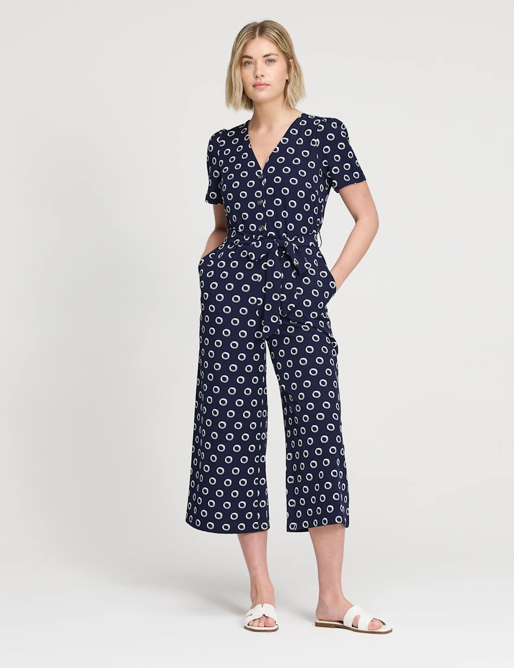 Finery London Women's Spot Print Tie Detail Cropped Jumpsuit - 16 - Navy Mix - Available at M&S