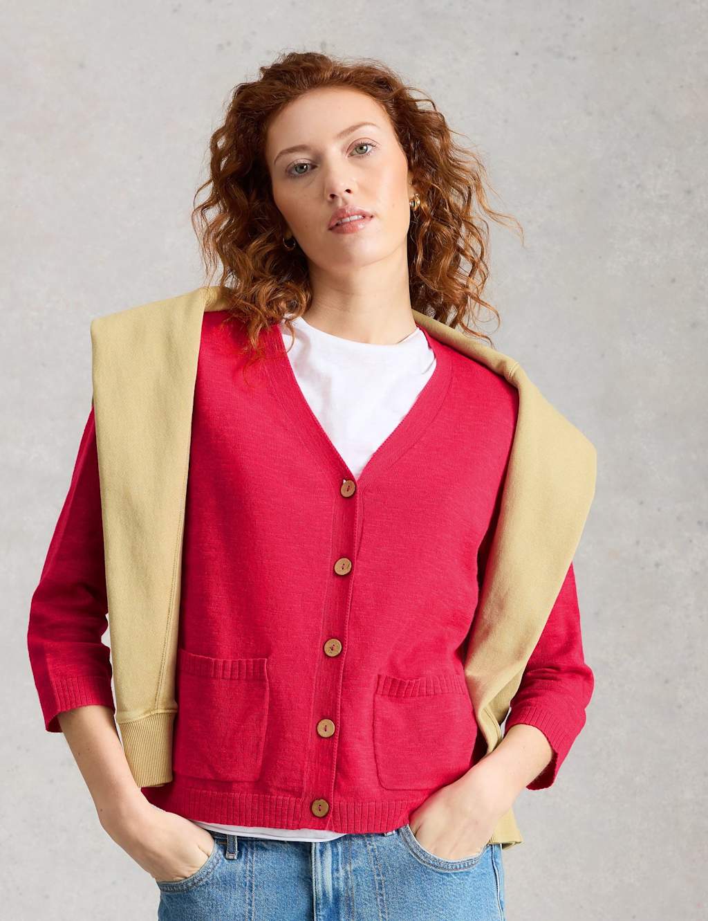 White Stuff Women's Cotton Rich V-Neck Cardigan with Linen - 20 - Pink - Available at M&S