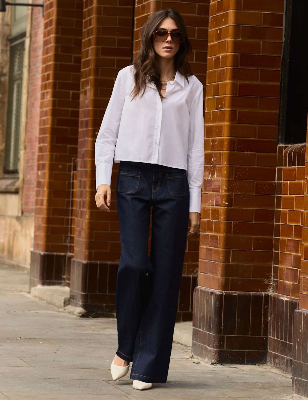 BAUKJEN Cotton Rich High Waisted Wide Leg Jeans Dark Blue Denim