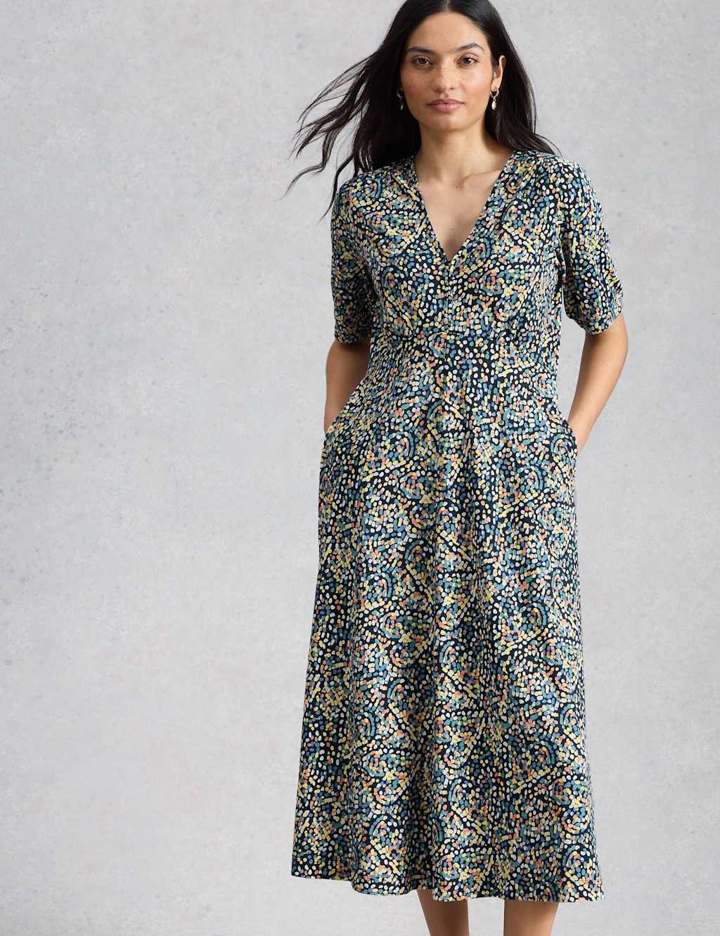 White Stuff Women's Cotton Blend V-Neck Midi Tea Dress - 14 - Navy Mix - Available at M&S
