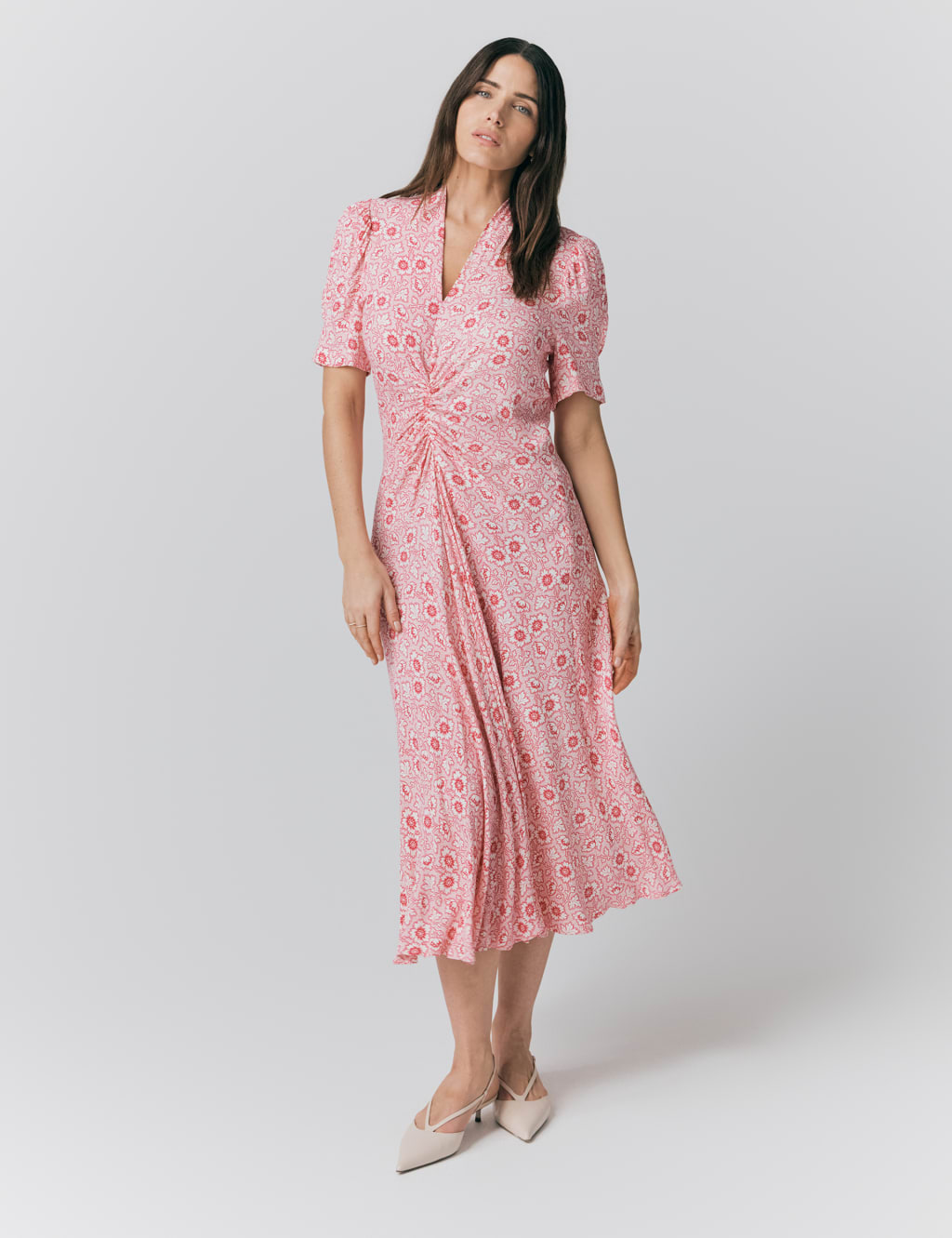 Crepe Floral V-Neck Midi Tea Dress