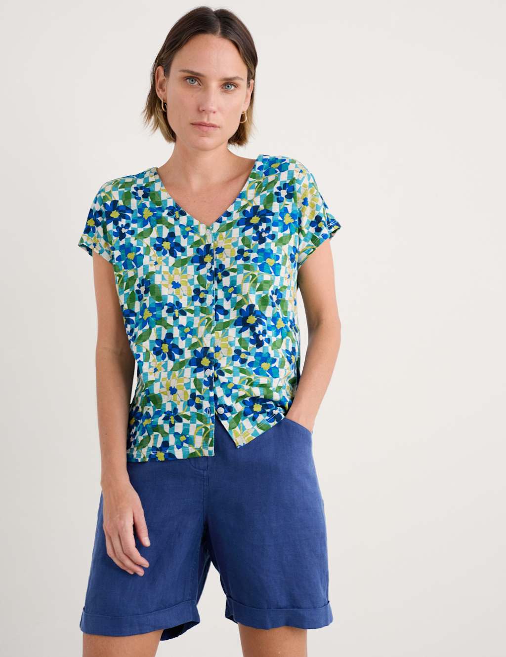 Seasalt Cornwall Pure Cotton Floral V-Neck Relaxed Top Teal Mix