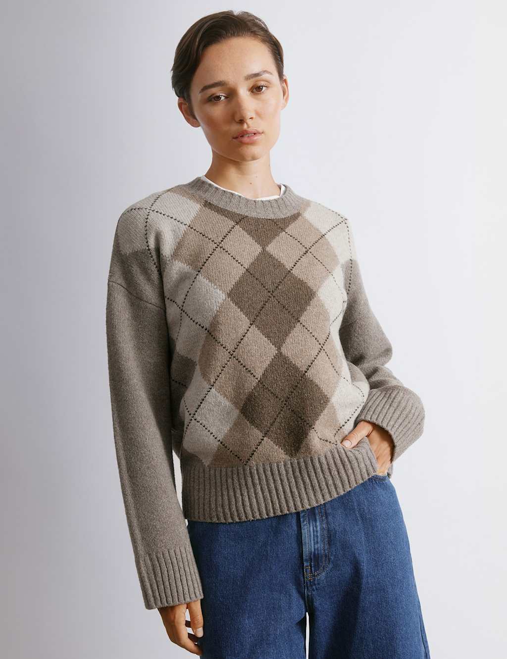 Albaray Argyle Crew Neck Jumper with Wool Brown Mix