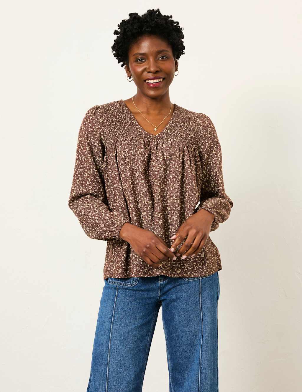 Fatface Women's Cotton Blend Ditsy Floral Blouse with Linen - 14 - Brown Mix - Available at M&S