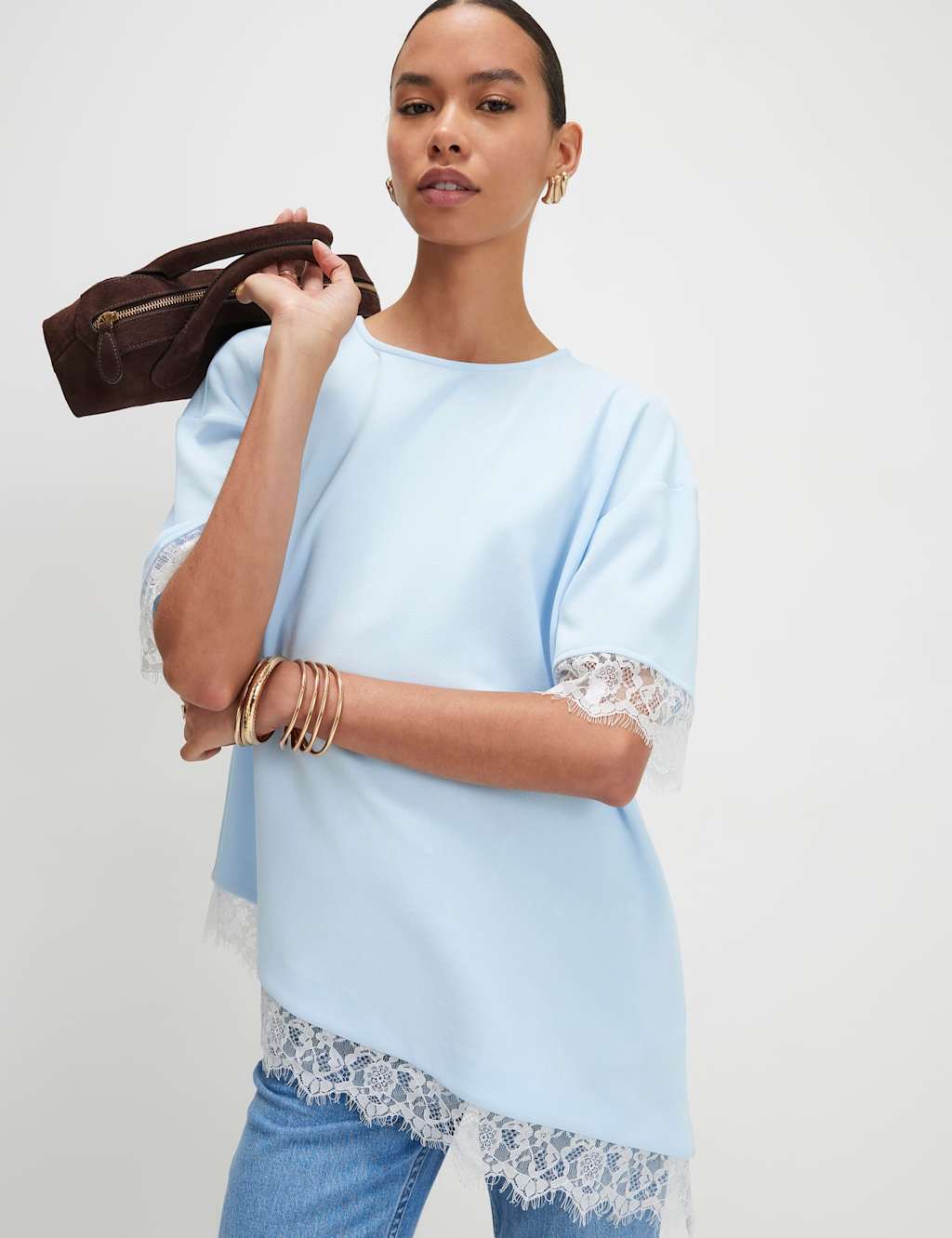 River Island Women's Lace Trim Asymmetrical T-Shirt - Small - Light Blue - Available at M&S