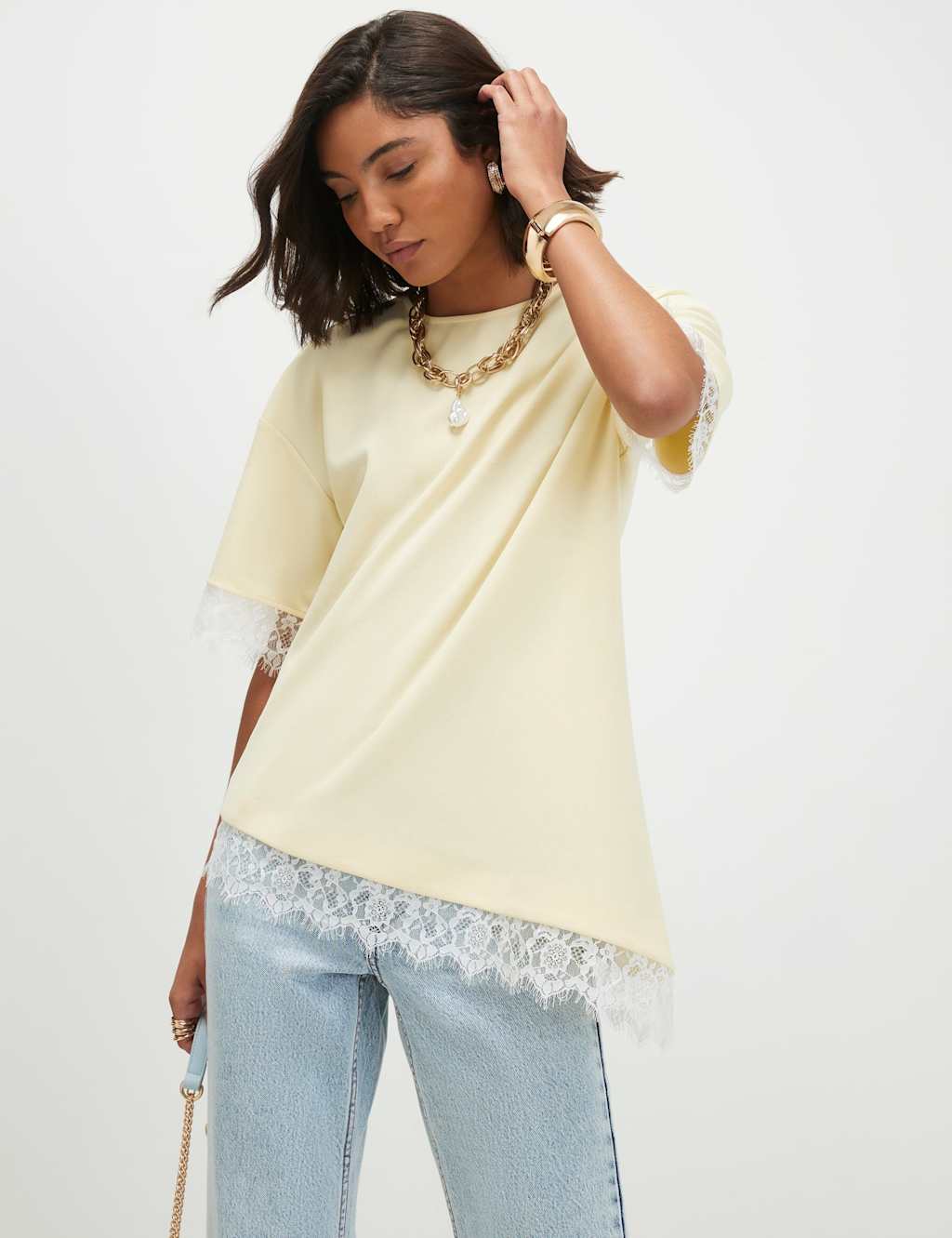 River Island Women's Lace Trim Asymmetrical T-Shirt - Small - Yellow - Available at M&S